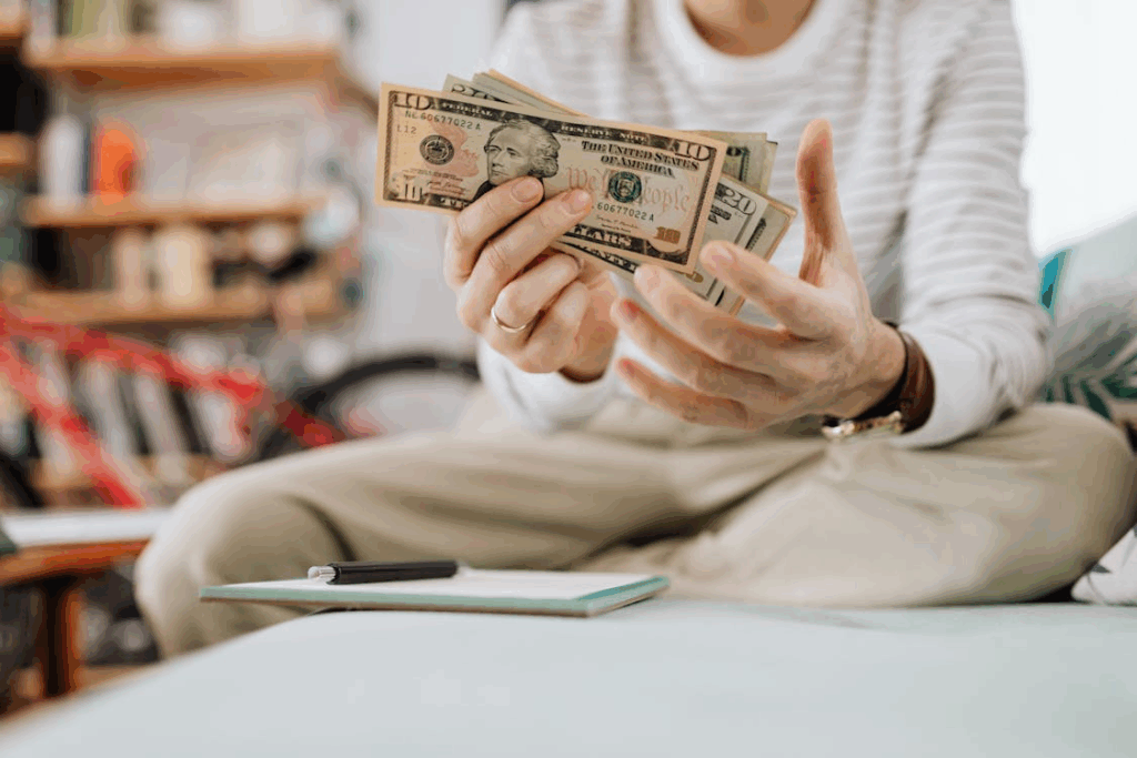 Person budgeting for fall while counting cash at home, illustrating smart fall budgeting tips and money management.
