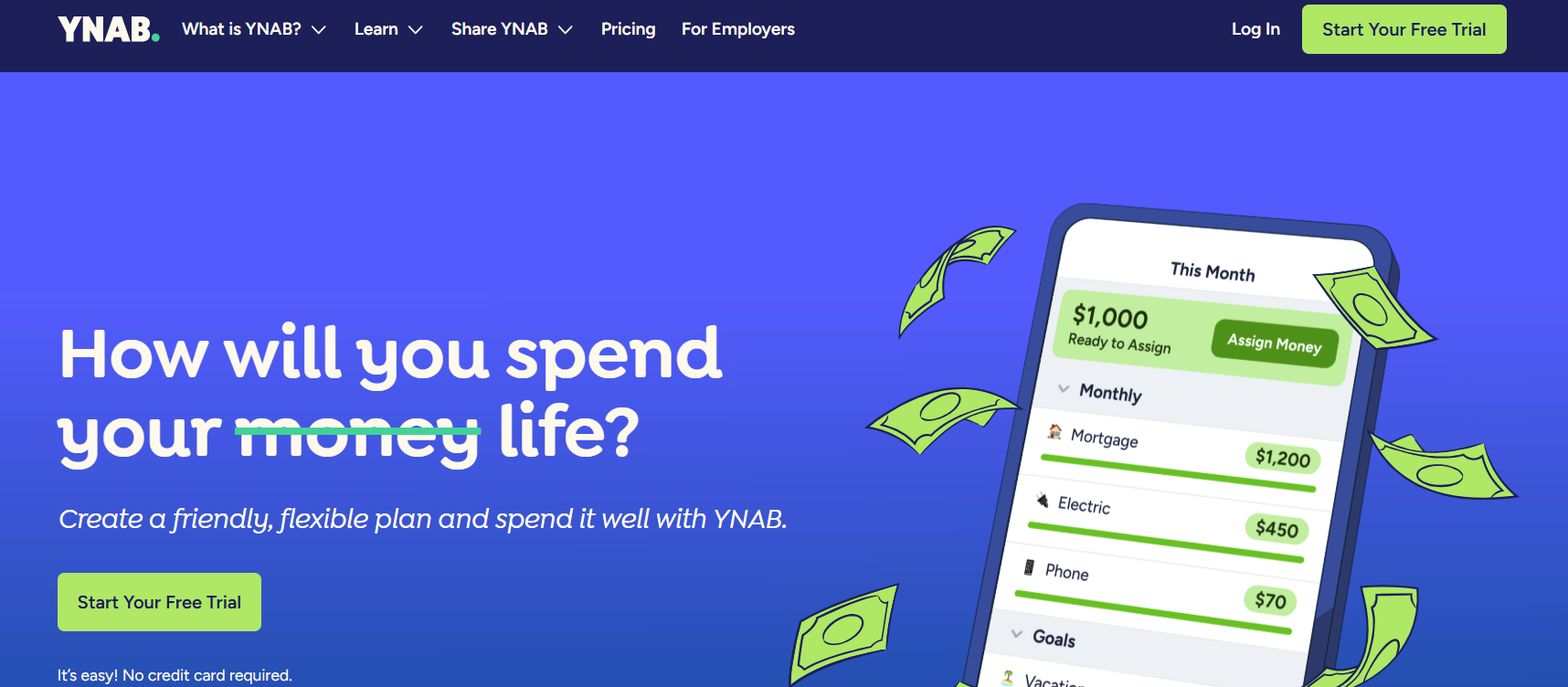 YNAB budgeting app homepage showing spending categories and assignment features