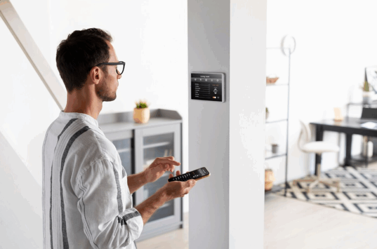 Man adjusting smart thermostat to lower winter utility bills in a modern home.