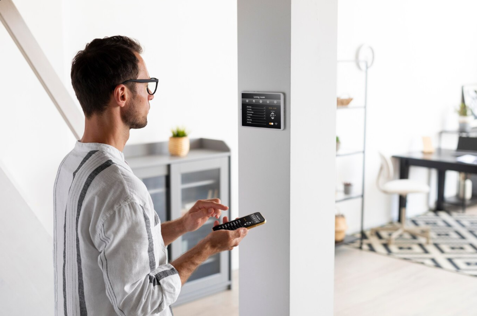 Man adjusting smart thermostat to lower winter utility bills in a modern home.