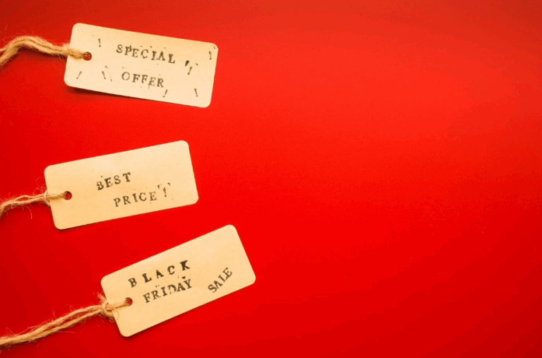 Paper price tags on a red background labeled "Special Offer," "Best Price," and "Black Friday Sale"