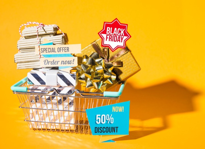 Gift boxes, Black Friday sign, and 50% discount offer symbolizing stacked deals and holiday promo savings
