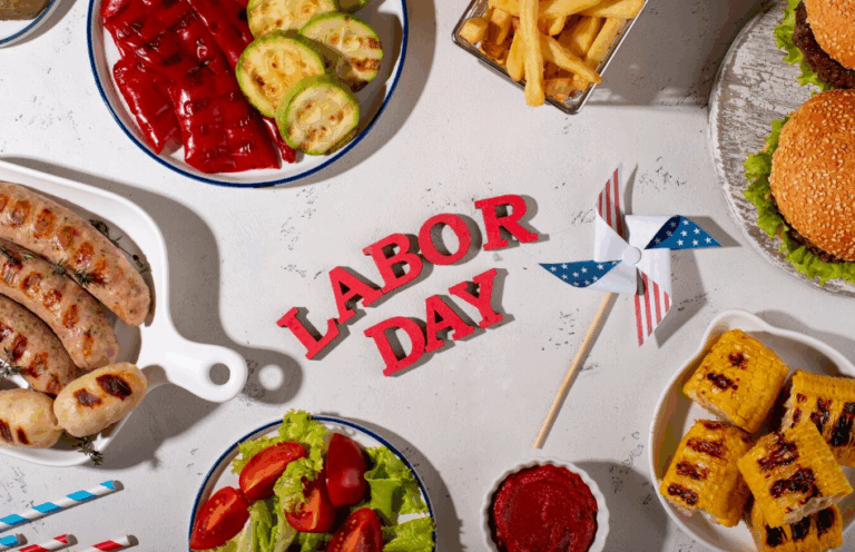 Labor Day shopping deals celebration with classic American food like burgers, grilled corn, sausages, fries, and festive decorations.